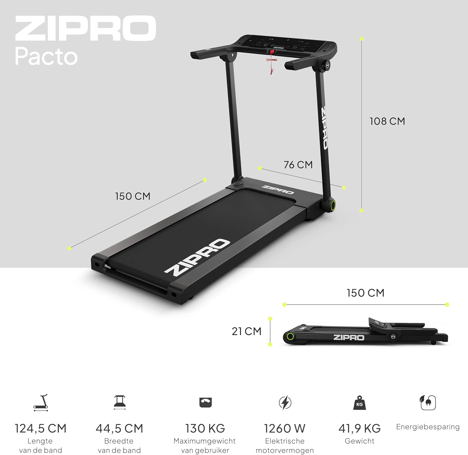 Diagram showing the dimensions of the ZIPRO treadmill, both unfolded and folded, along with key specifications.