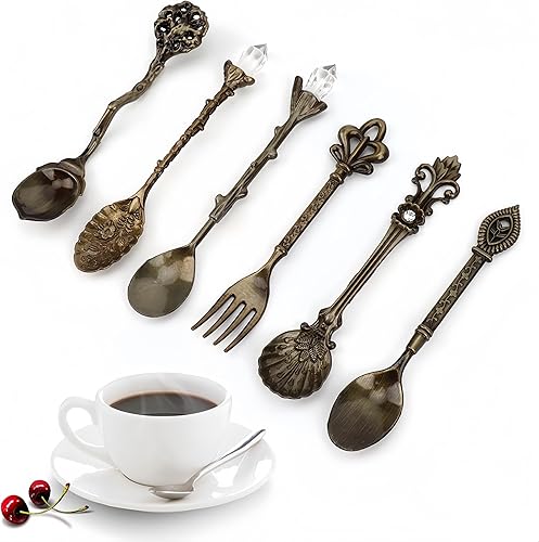 Zerodis Juego de 6 cucharaditas innovadoras, vintage, retro, de aleación de zinc, juego de tenedores, pastel de azúcar, helado, cubiertos, Bronce