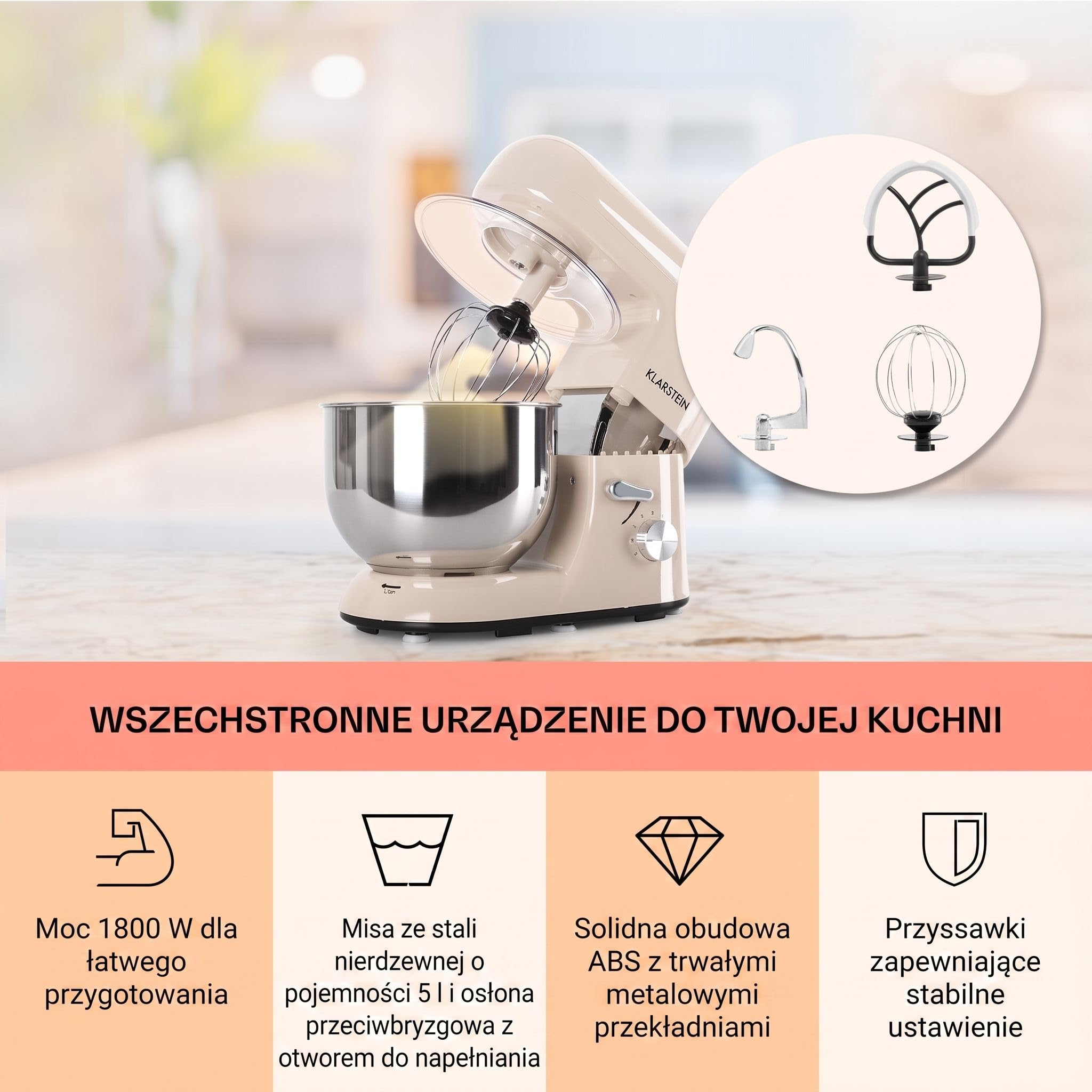 Klarstein Bella Robot de cocina procesador de alimentos (1200 W, 5 L, 1.6 hp) crema