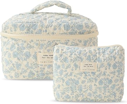 Coquette Floral Makeup Bag - Skincare Bag Aesthetic Cosmetic Bag 2Pcs Large Quilted Make Up Bag Set Cotton Toiletry Bag for Women Ladies Girls Style A1