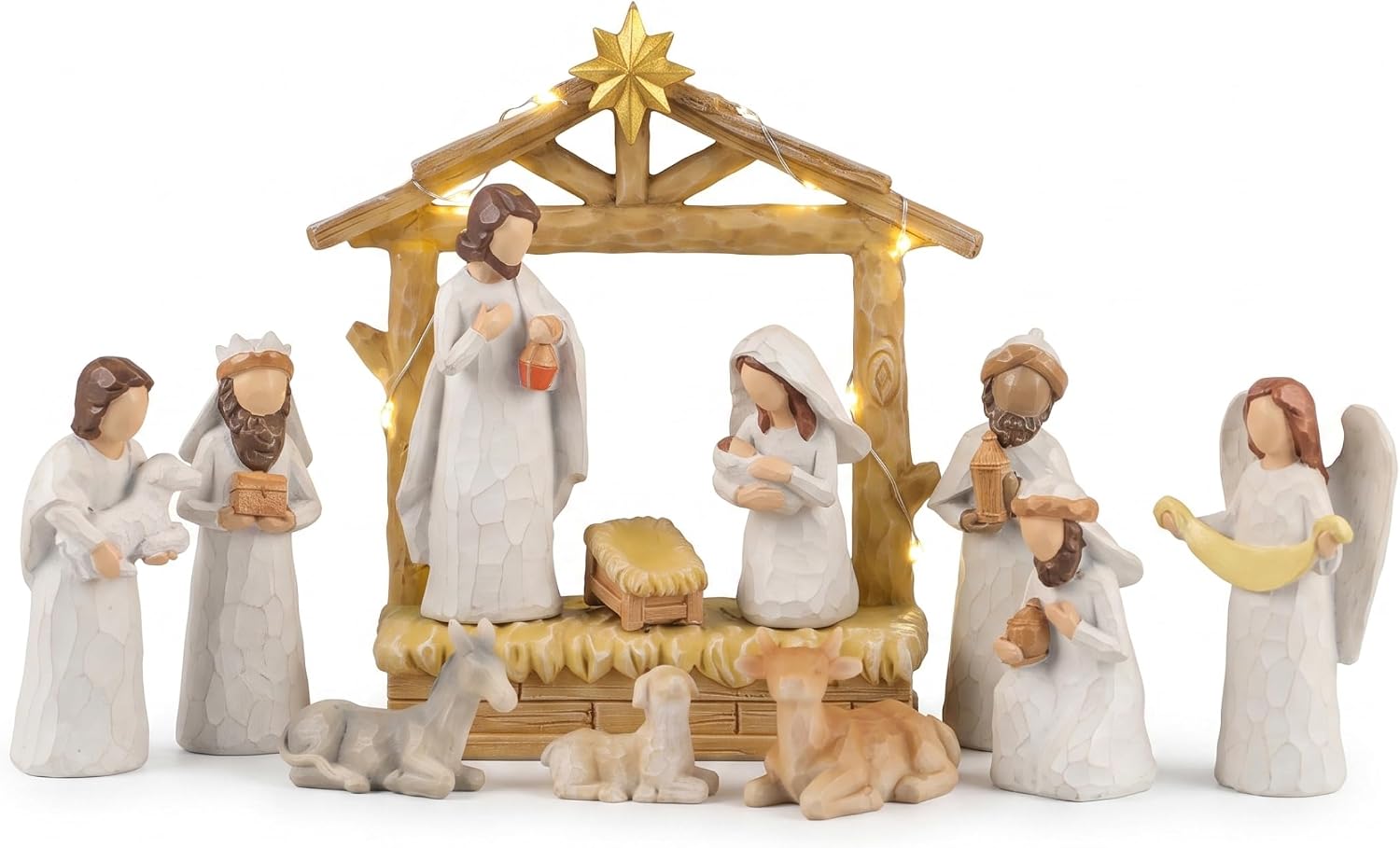 Nativity Scene, 12-Piece Wood-Style Christmas Decor, White