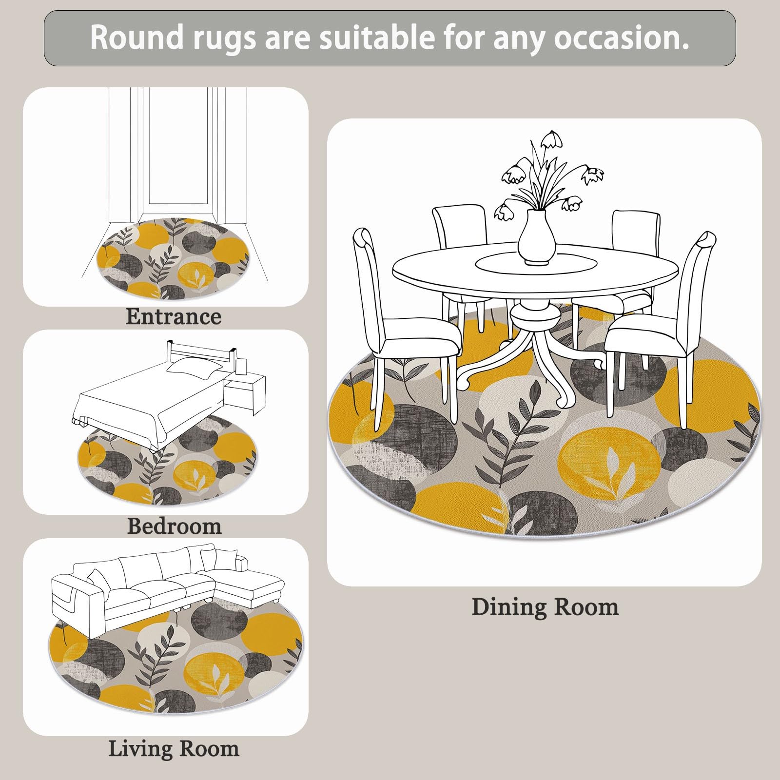 Grau Runder Teppiche Wohnzimmer 100 cm, Waschbar & Rutschfester Weicher Kurzflor Teppich Schlafzimme, Minimalistisch Kreis Geometrisch Pflanze Blatt Teppich Rund für Kinderzimmer, Esszimmer, Büro