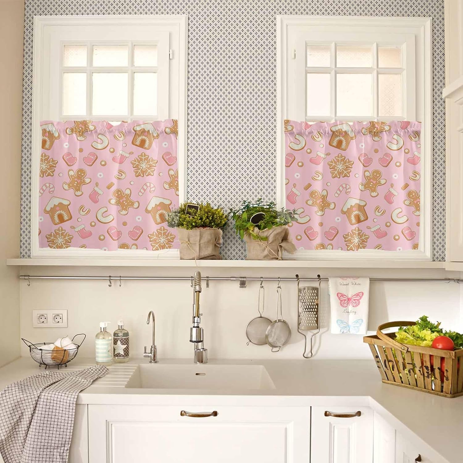 Pink Christmas Kitchen Curtains, Xmas Gingerbread Winter Cane Candy Snowflakes Light Filtering Window Curtain Panels, 2Pcs Rod Pocket Window Treatments Set for Living Room Bathroom Bedroom 52''x72''