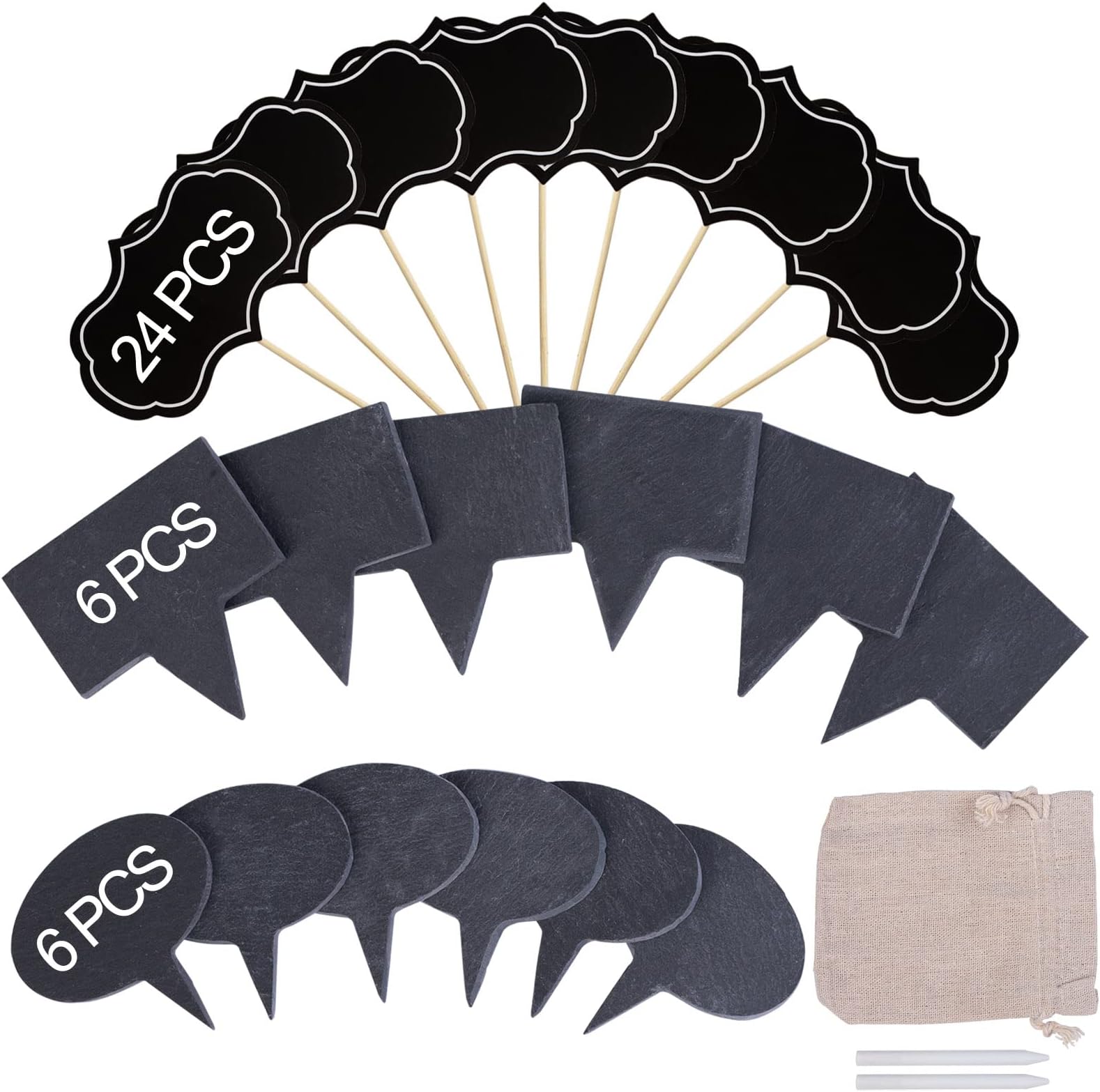 Natural Slate Cheese Markers Set - 36PCS Cheese Labels Sign with 2 Soapstone Chalks & Linen Bag - Reusable Cheese Board Markers for Charcuterie Board