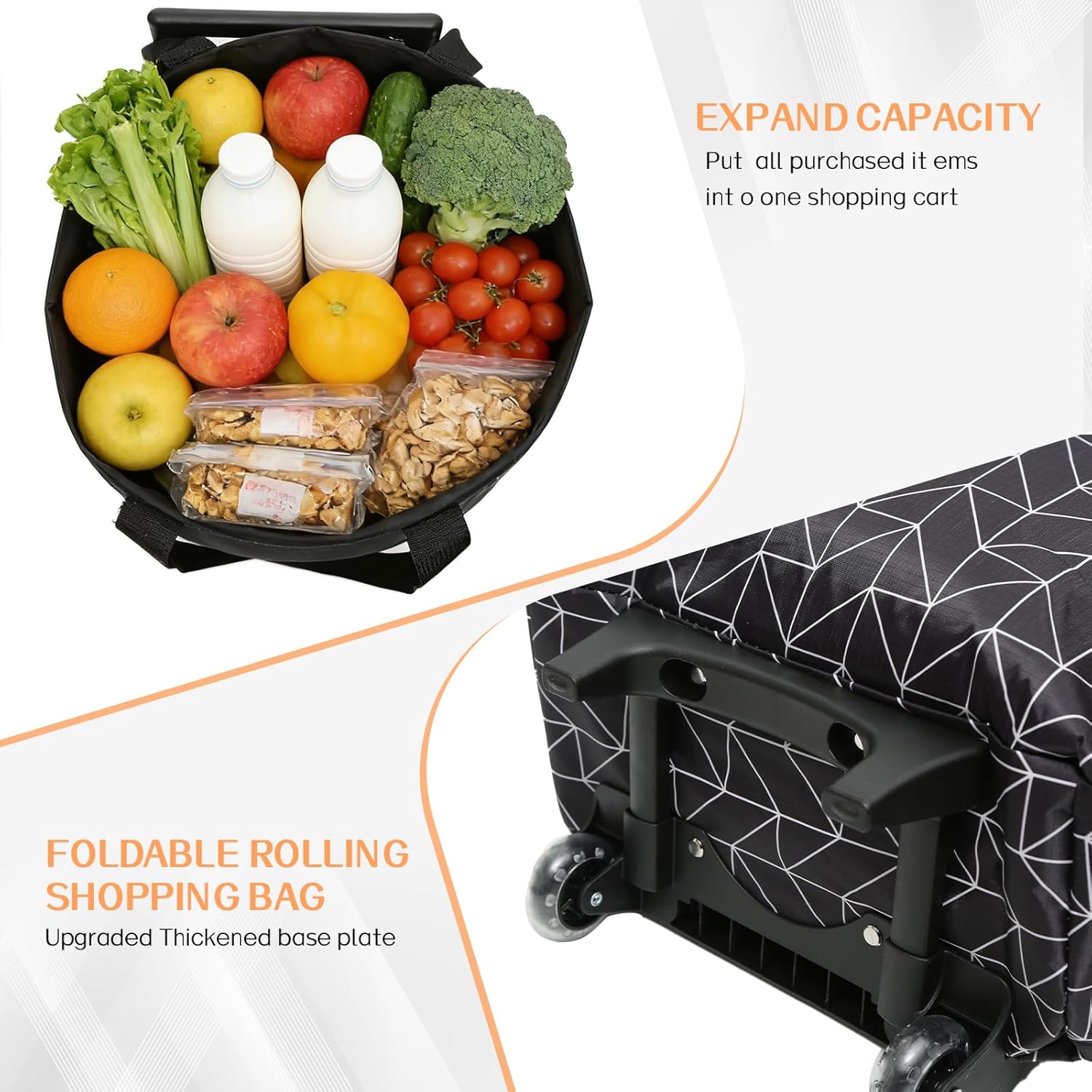 Large Foldable Wheeled Shopping cart, Insulated Waterproof Reusable Grocery Bag, Portable Tote for Supermarket Shopping, Travel & Camping (Black)