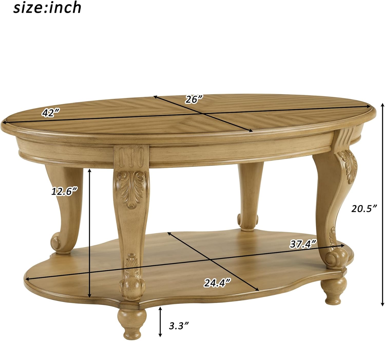 Living Room Coffee Table Set of 3, Mid Century Modern Oval Coffee Table with Open Storage Shelf and 2 Round Side Tables, Antique Natural