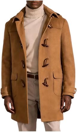 Mens Classic Wool Blend Duffle Coat Mid-Length Winter Trench Coat with Soft Inner Lining