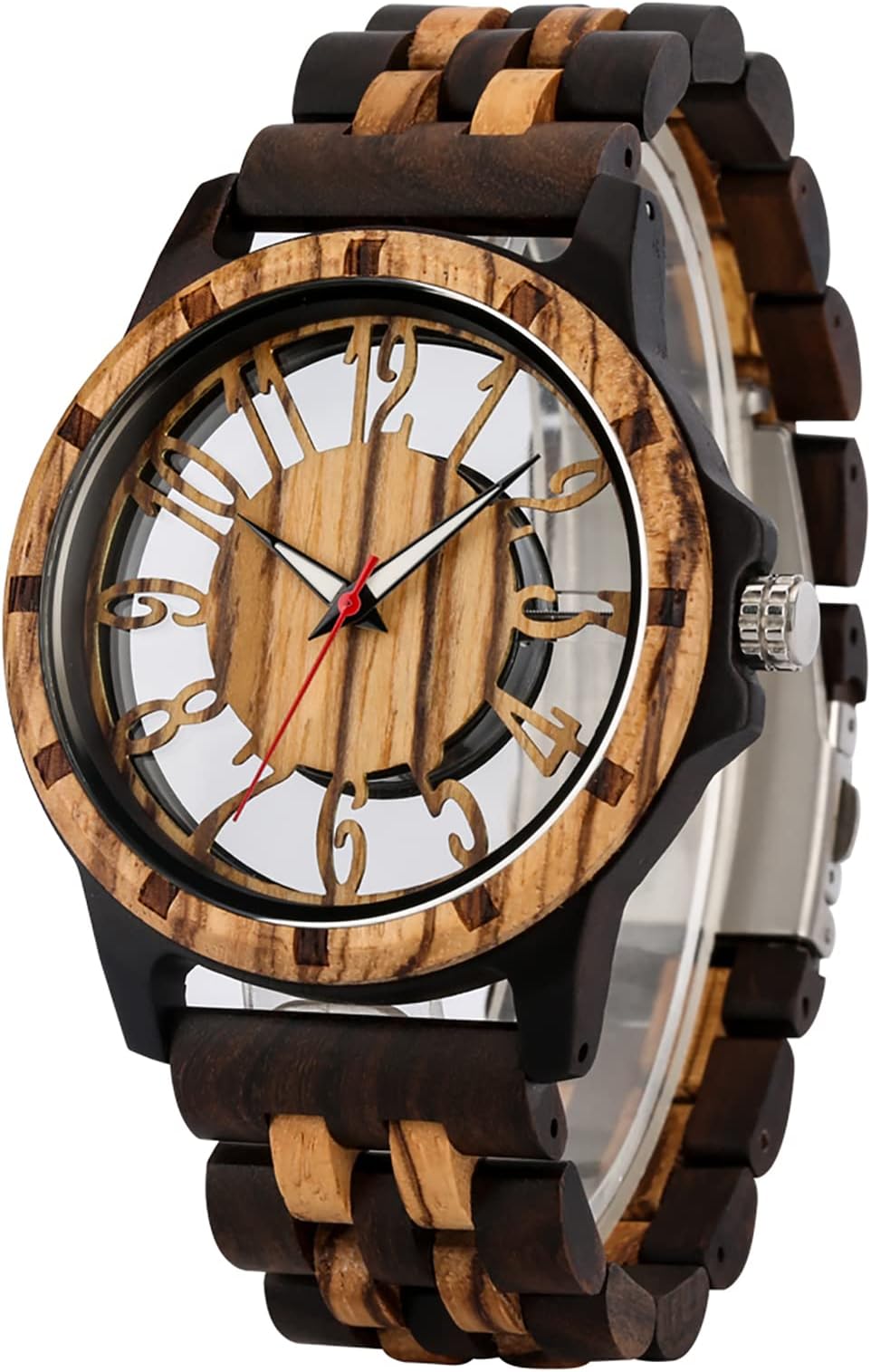 Transparent Deep Brown Skeleton Arabic Numerals Dial Quartz Wooden Men's Analog Watch, Quartz Movement Natural Wood Strap Watches For Men - Deep Brown, QW106-Deep, ??