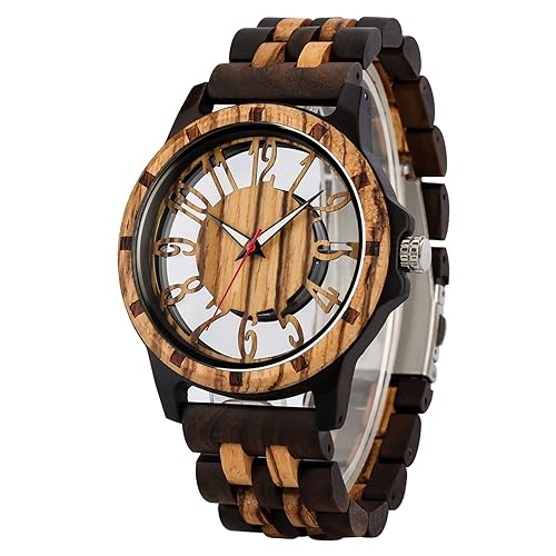 Brown Deep Black Ebony Zebra Wooden Quartz Men's Watch,Foldover Clasp