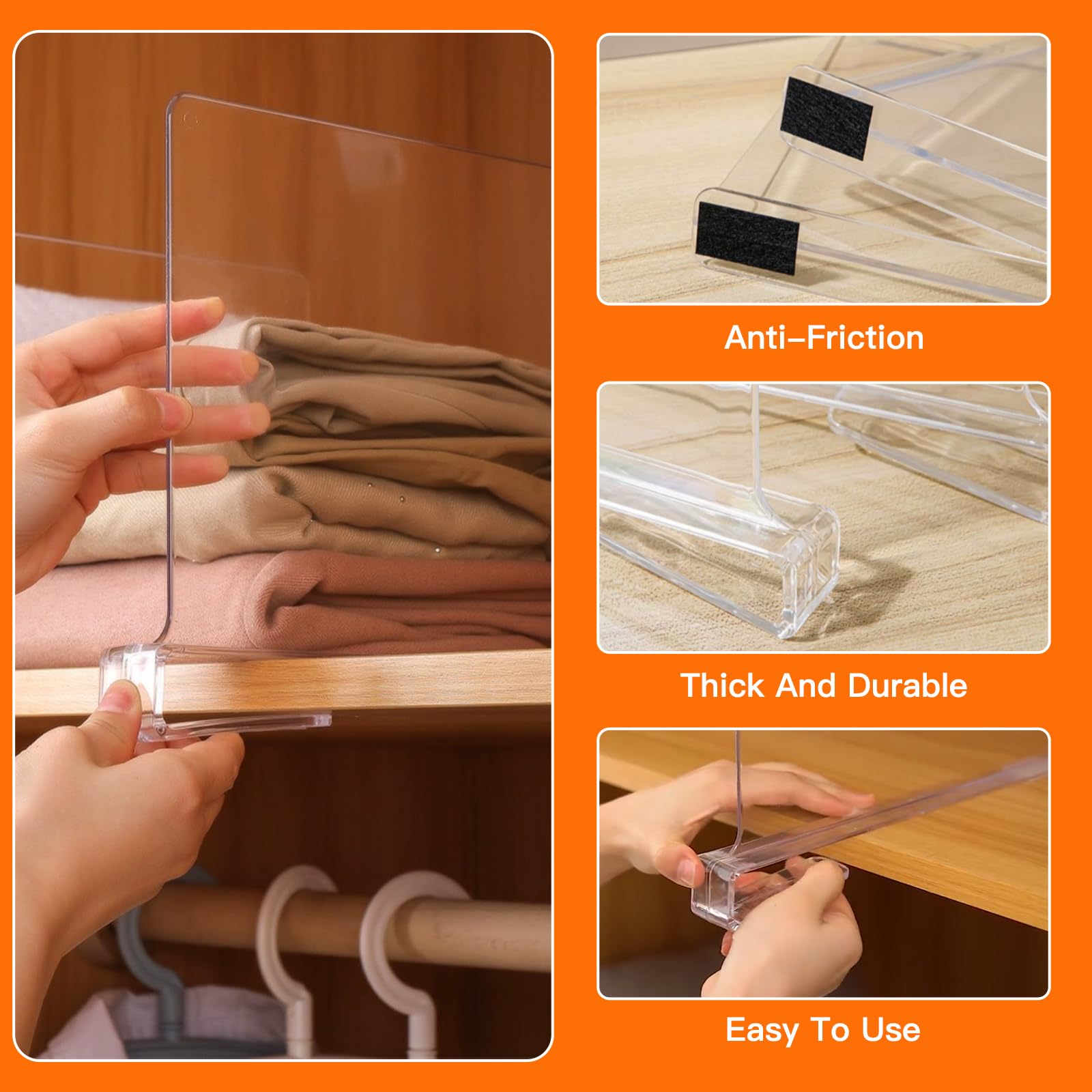 6 Pcs Separadores Acrílico Transparente, Estantería Organizador Armario Interior, Separador Almacenamiento Vertical, Estantes Organización Ropa para Dormitorio, Cocina, Librerías, Oficinas, Cajones