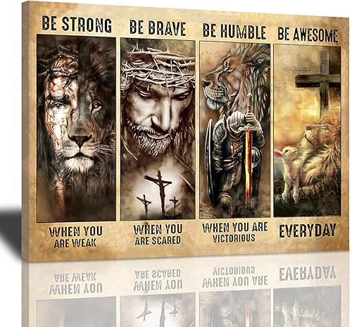 Vista 57 de Póster en lienzo con imágenes de Jesús, león y cordero, impresión en lienzo con texto en inglés "God Bible Christian Religios" para pared, pintura