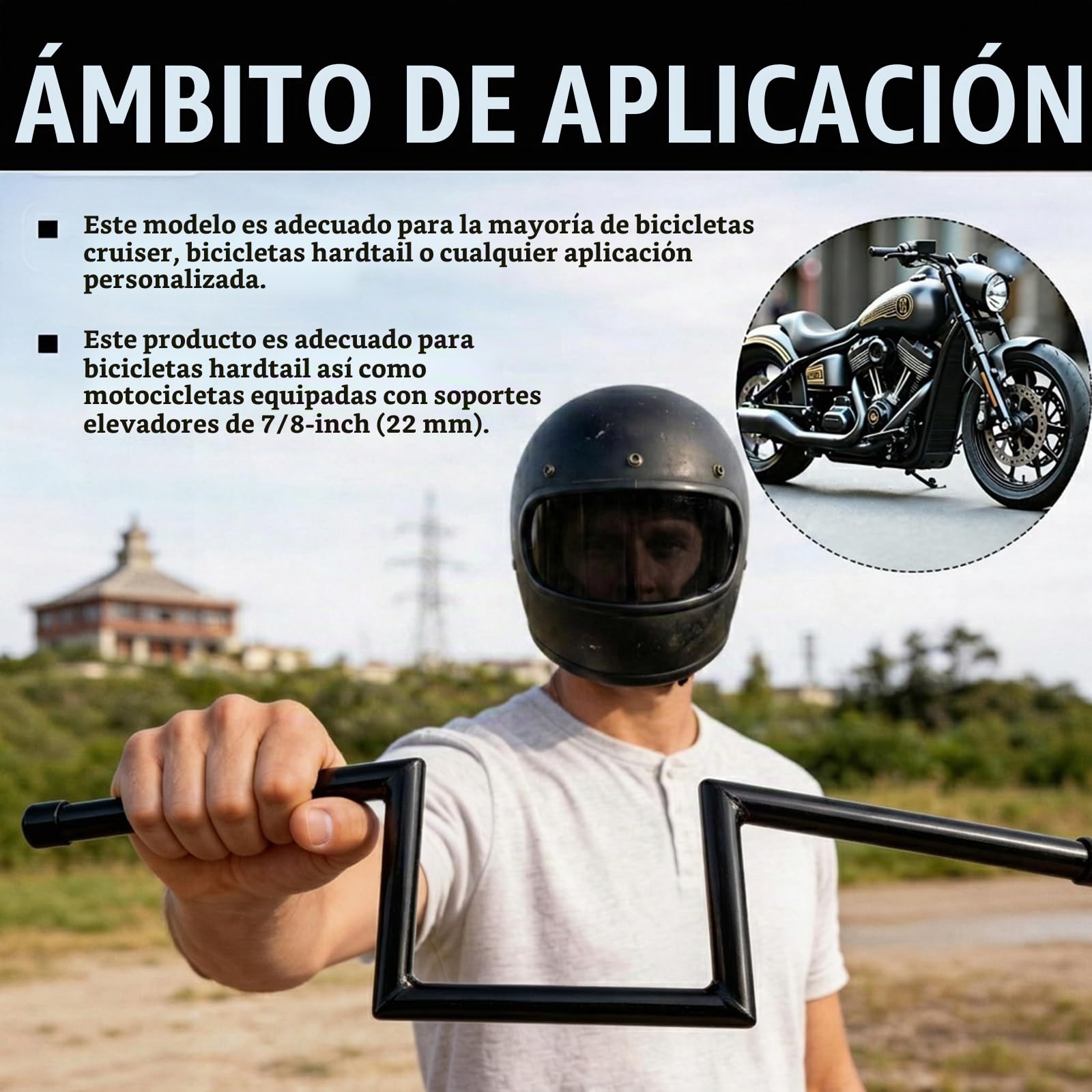 Manillar Moto, Z Bar 22 mm 7/8 Pulgadas Elevado 8" Acero Resistente Con Rebaje Central Guidon de Moto Para Harley Yamaha Suzuki Kawasaki MT07 MT09 Touring Street Bike ATV