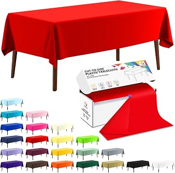 CXPSINC 54 Inch X 300 Feet Plastic Table Cover Roll Disposable Tablecloth with Slide Cutter for All Type/Shape Tables | Party, Banquet, Birthdays, WeddingsRed, 300 Feet