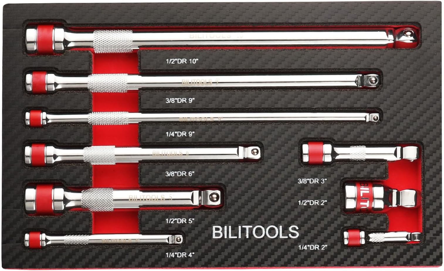 BILITOOLS Wobble Extension Set, 9 PCS 1/4", 3/8" and 1/2" Drive Ratchet Extension Set Flexible, Cr-V Steel