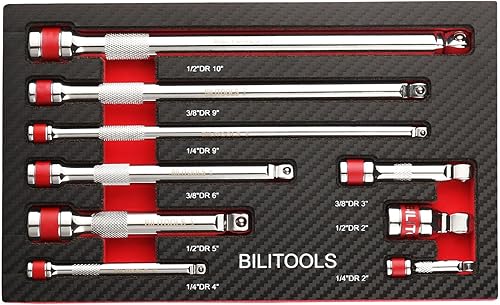 BILITOOLS Juego de extensión articulada, 9 piezas de 1/4", 3/8" y 1/2" de encastre de trinquete de extensión flexible, acero Cr-V