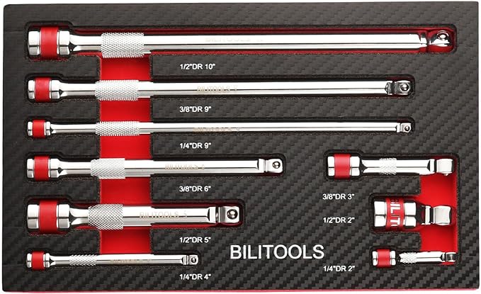 BILITOOLS Wobble Extension Set, 9 PCS 1/4", 3/8" and 1/2" Drive Ratchet Extension Set Flexible, Cr-V Steel