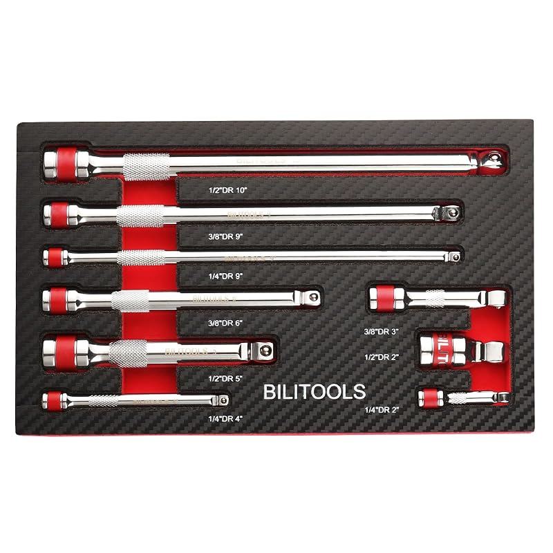BILITOOLS Kit de Extensões Oscilantes para Soquetes com Acionamentos de 6,35 mm (1/4 pol.), 9,53 mm (3/8 pol.) e 12,7 mm (1/2 pol.), 5,08 a 25,4 cm, B1R95308, 9 peças