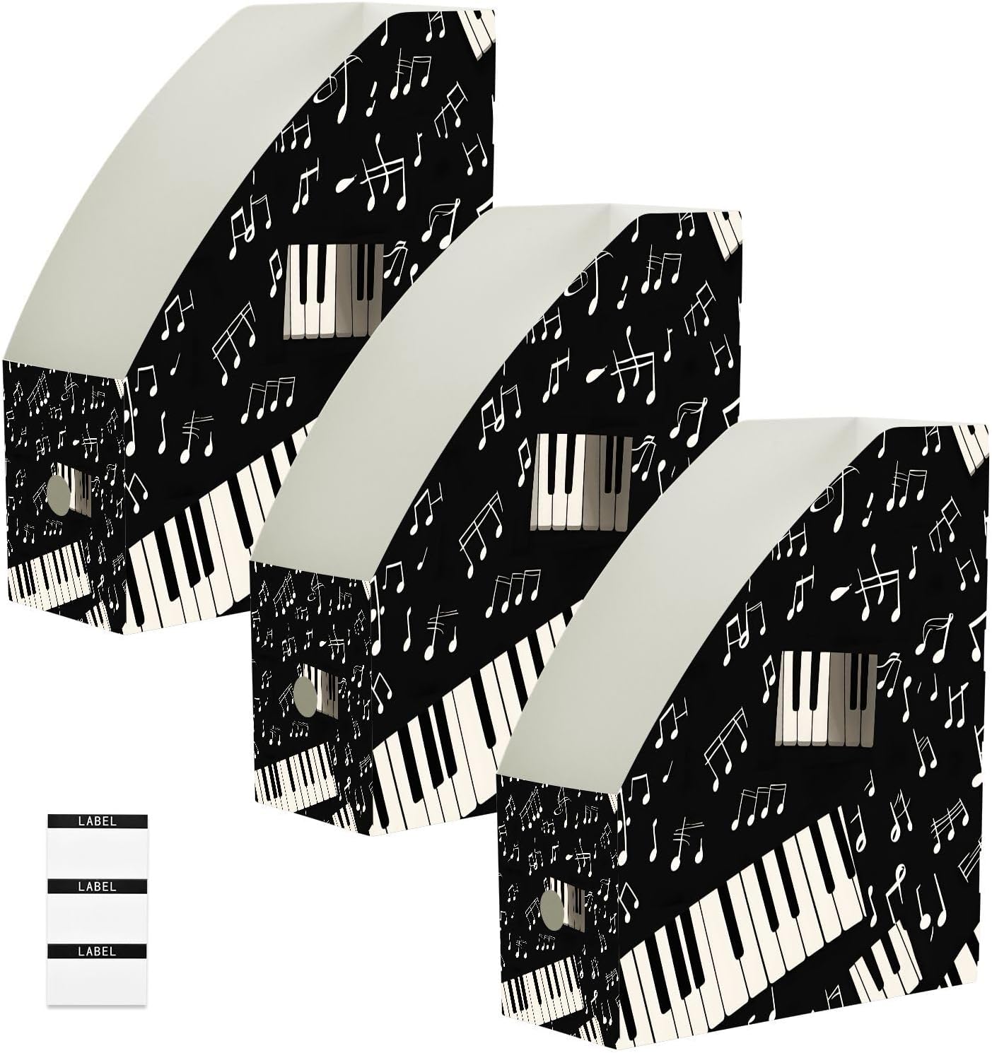 3-Pack File Folder Holders, Piano Musical Music Notes PP Desk Organizer for Magazines, Binders, Notebooks, Books, Document Organizer Magazine Racks with Labels, Home Office Supplies