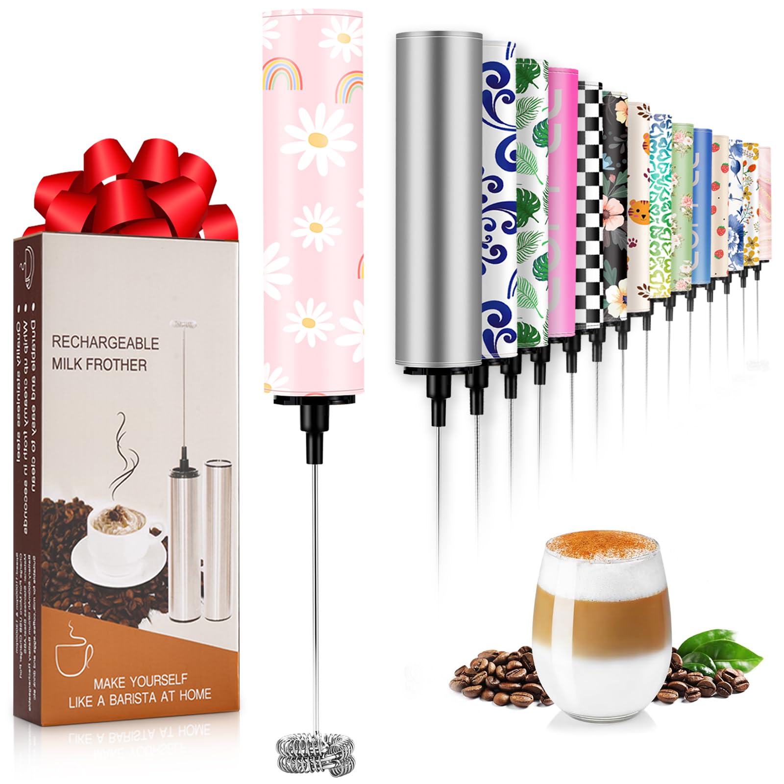 Milk Frother Handheld Rechargeable - 2-Speed Electric Whisk with 5 Detachable Heads (Frother/Mixer/Whisk) for Coffee, Latte, Cappuccino &amp; Matcha, Drink Mixer （Flower 1)