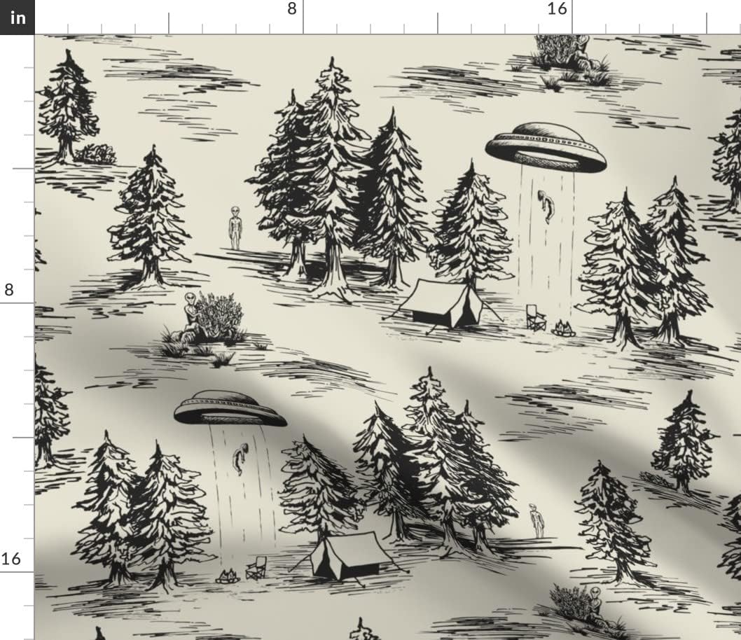 Spoonflower Fabric - Alien Toile Black Space Aliens Camping UFOs De Jouy UFO Flying Saucer Printed on Petal Signature Cotton Fabric by The Yard - Sewing Quilting Apparel Crafts Decor