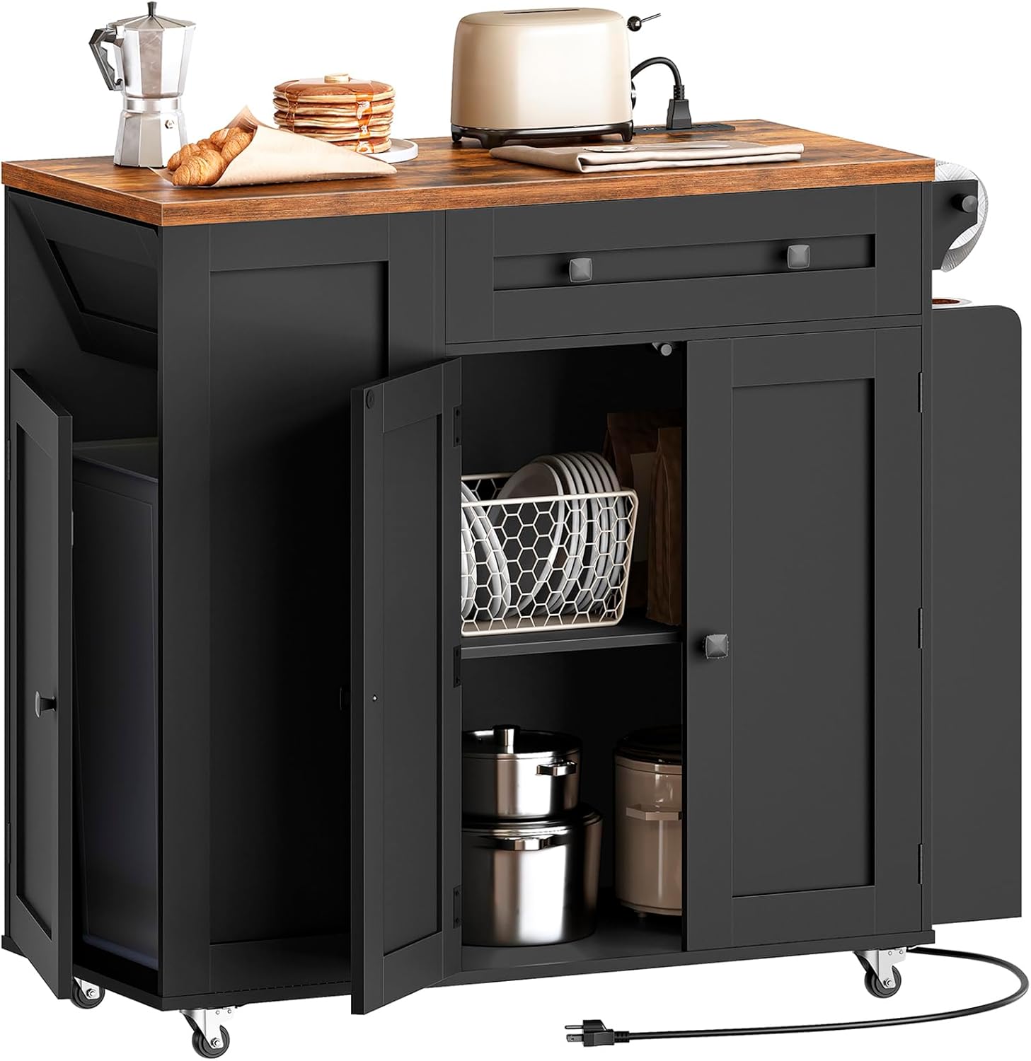 Kitchen Island with Storage, Mobile Rolling Cart with Trash Can Storage, Kitchen Island on Wheels, Rolling Island Table with Charging Station, Spice Rack, for Kitchen, Rustic Brown ZD02UBR