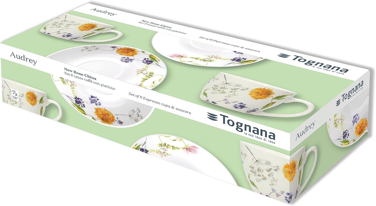 Tognana Audrey Set of 6 Coffee Cups with Plates, New Bone China, Multi-Colour
