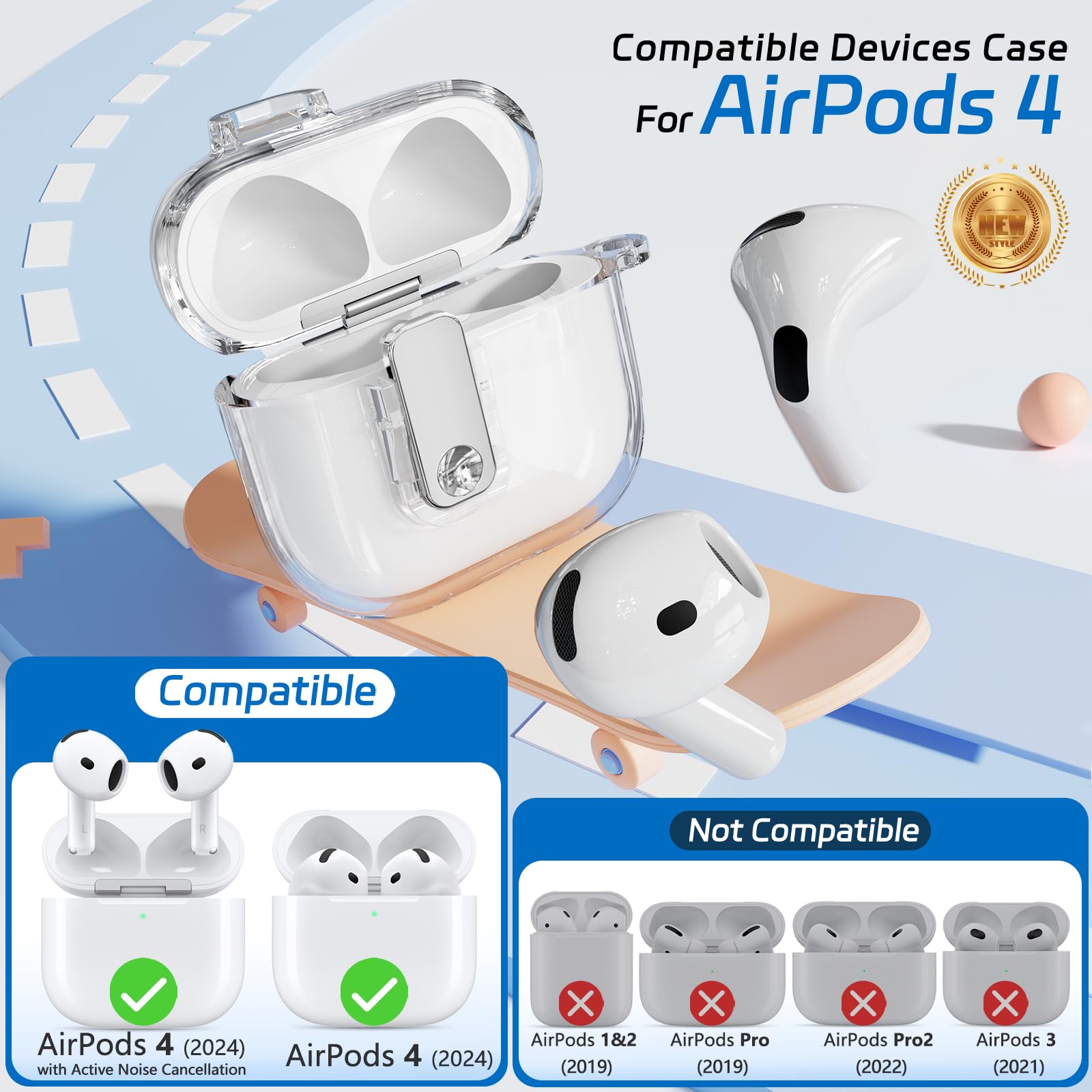 Secure Lock Case for AirPods 4, Ekoonpft Anti-Yellow Clear Cases for Apple AirPods 4th Generation 2024, Soft TPU Cover with Cleaning Kit Keychain for Women, Scratch-Proof