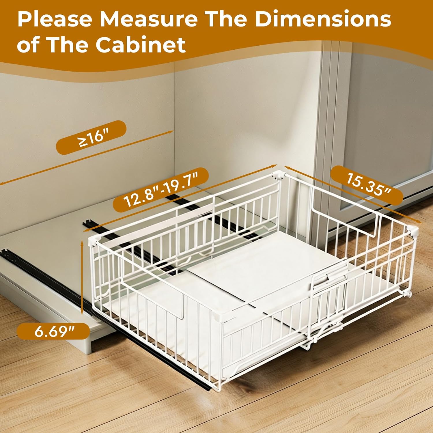 2 Pack Expandable Pull Out Cabinet Organiser Adjustable Width (12.8"-19.7") Pull Out Drawers for Cabinets No Drill Adhesive Slide Out Kitchen Drawer Shelf for Under Sink, Cupboard, Pantry