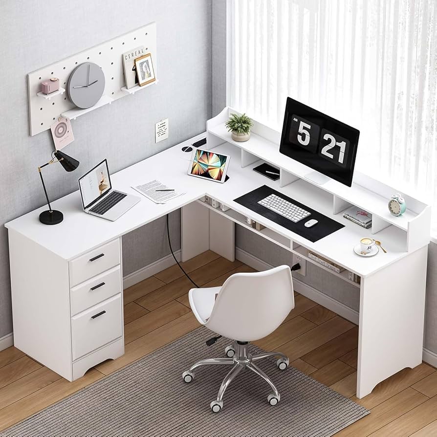 Amazon.com: MaverickFurni White L Shaped Desk with 3 Drawers, 60