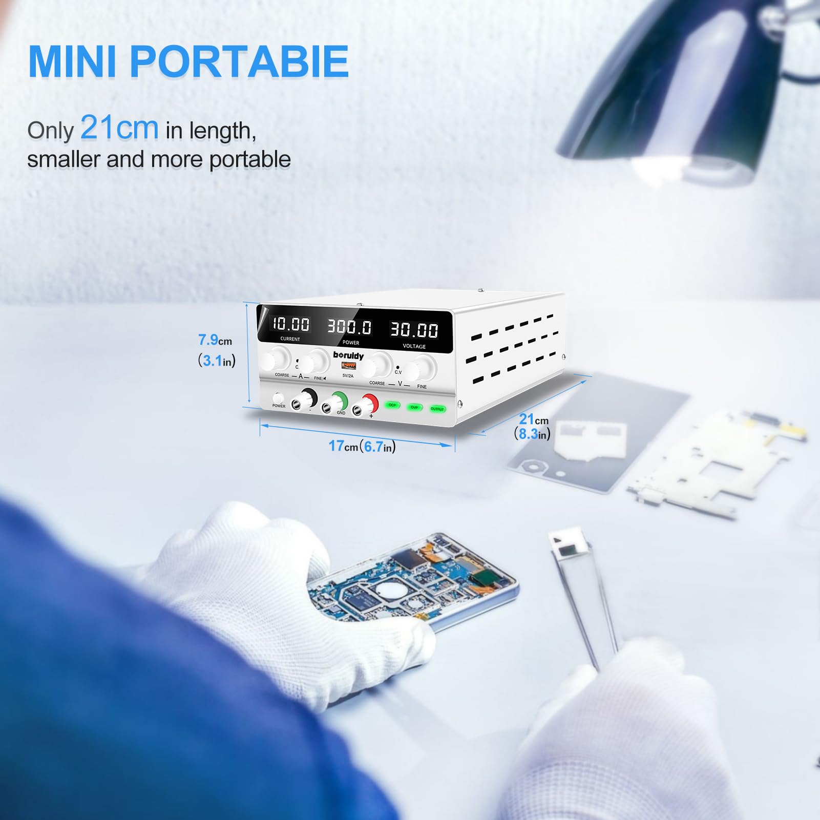 Alimentatore da Labotorio Alimentatore Stabilizzato Banco 30V 10A, Alimentatore DC Regolabile da Display LED a 4 Cifre, con Porta di Ricarica 5V2A USB, Pulsante OUTPUT, Manopola Encoder