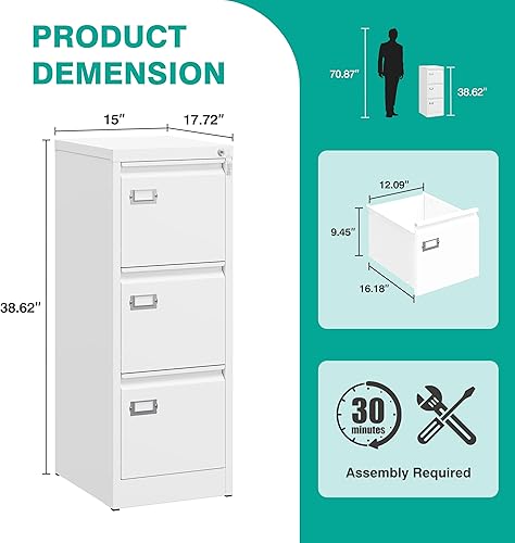 Miniatura 3 de SISESOL Archivador vertical de 3 cajones con cerradura, archivador de acero inoxidable, archivador de metal para organizador de oficina en casa,