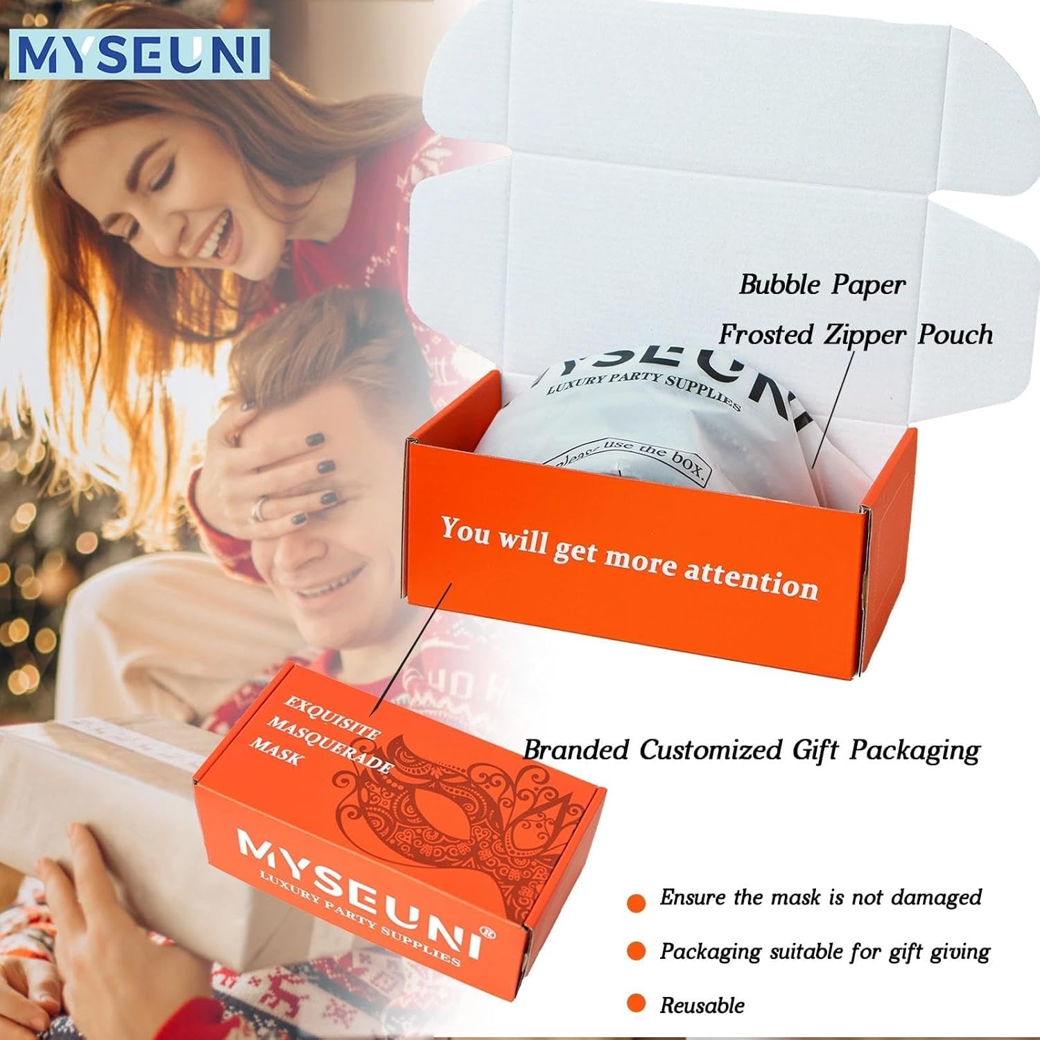 Masquerade Mask for Couple with Feathers - Womens Feather Carniva Masks & Men Venetian Mask for Halloween, Christmas - Image 6