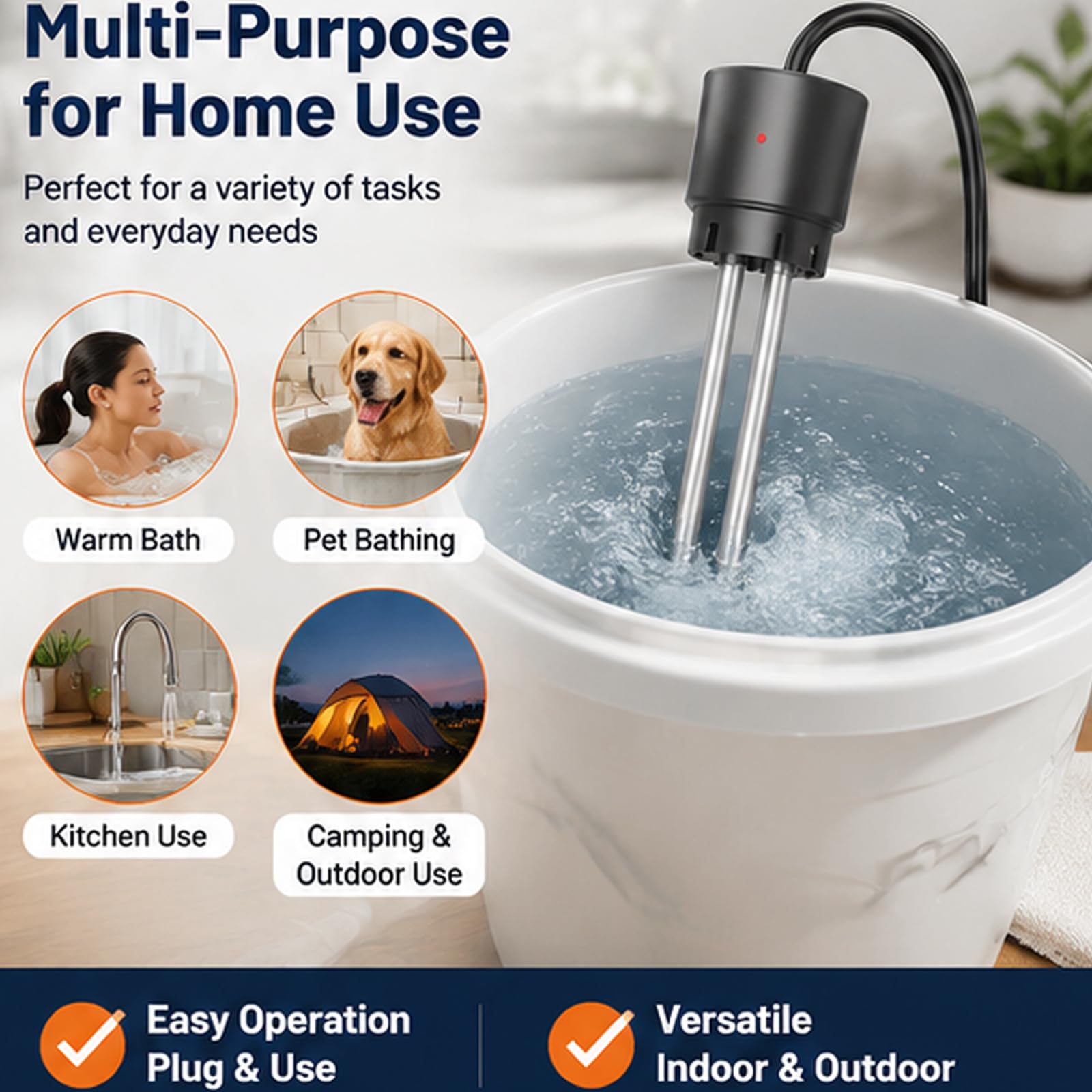Chauffe-eau portable, thermoplongeur électrique avec affichage numérique de la température et mise hors tension automatique, protection de sécurité en acier inoxydable, pour la maison, le camping, la