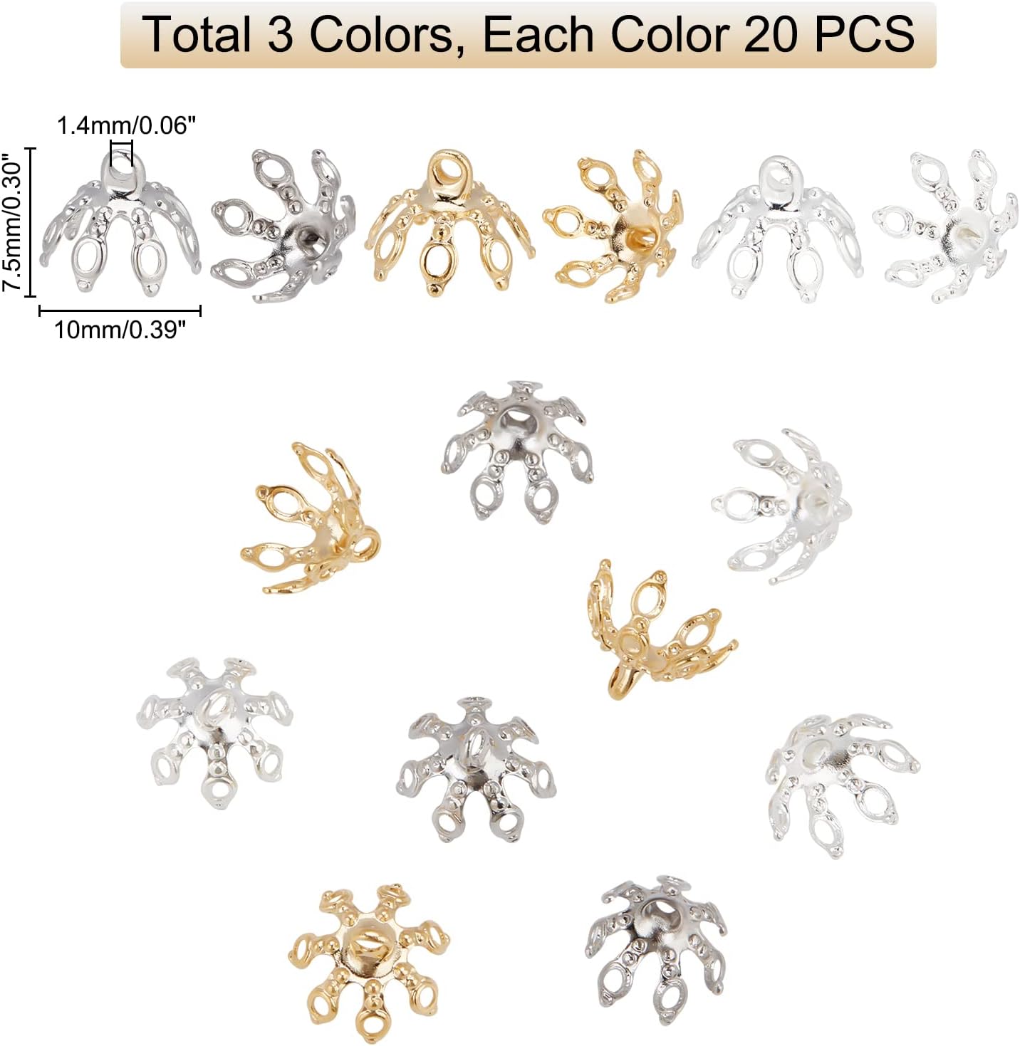 PH PandaHall Flower Bead Cap, 60pcs 3 Colors Brass Bell Bead Cap Bails End Charm Caps with 7 Loop Filigree Prong Spacer Beads for Earrings Bracelets Necklaces Jewelry DIY Craft, Golden/Silver/Platinum