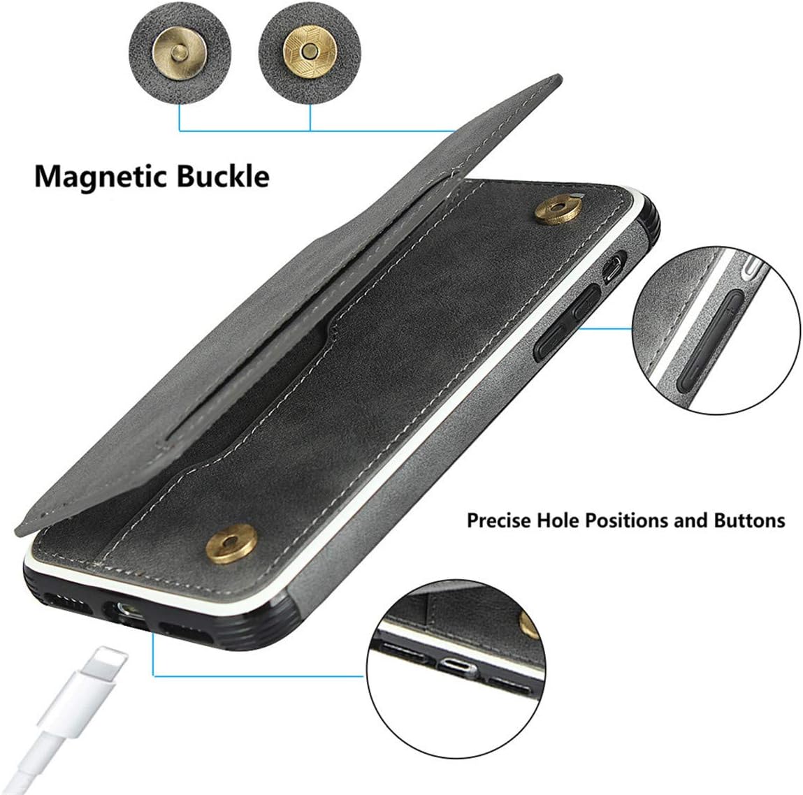 iCoverCase iPhone Xs Max Wallet Case with Card Slots, Wrist Strap & PU Leather Kickstand - Shockproof Cover 6.5" (Gray)