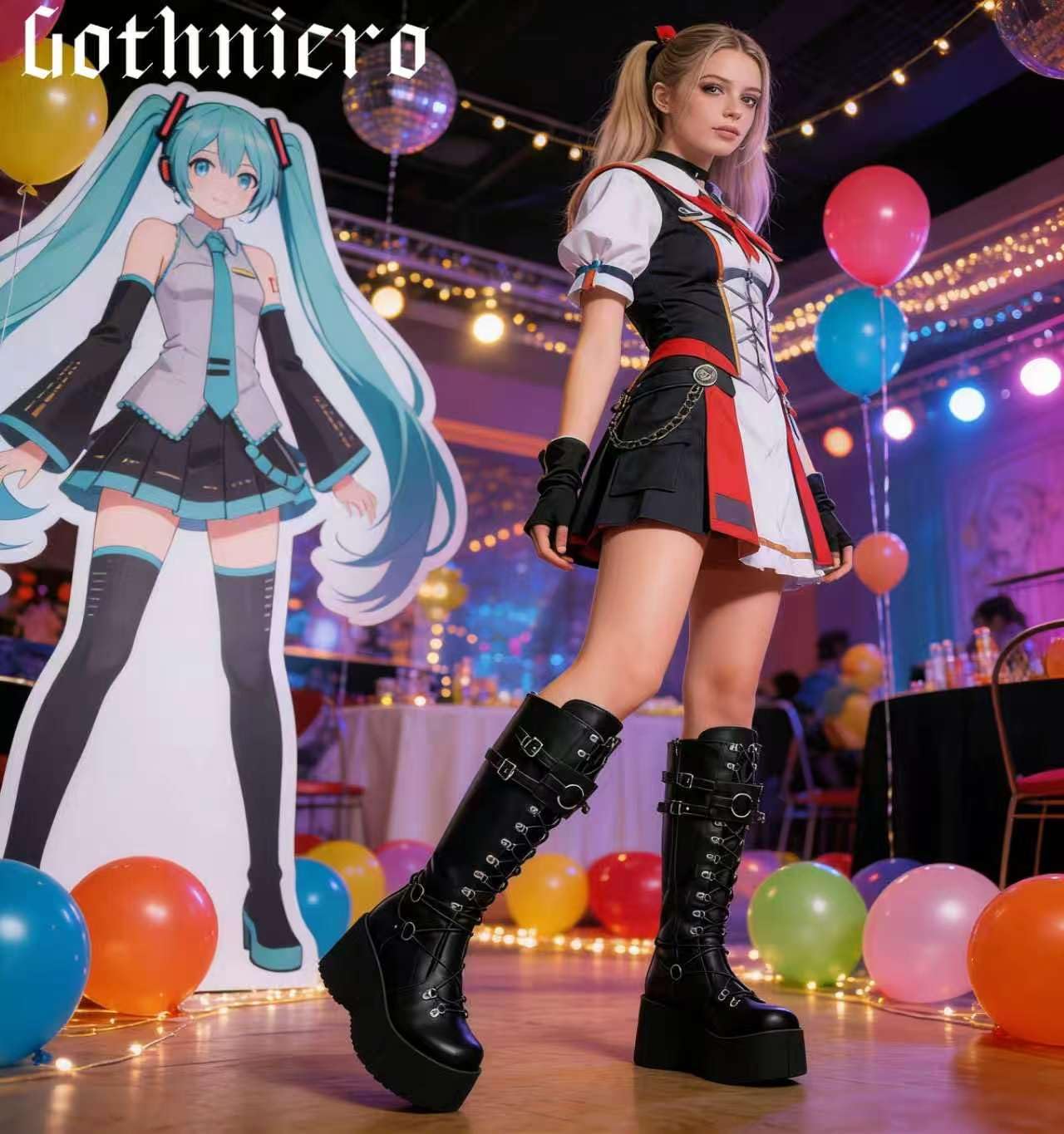 Gothniero Botas de plataforma negra hasta la rodilla Botas góticas de mujer Botas de combate para mujer Botas de moto Rave Zapatos góticos ligeros y cómodos con talla de encaje 35-43