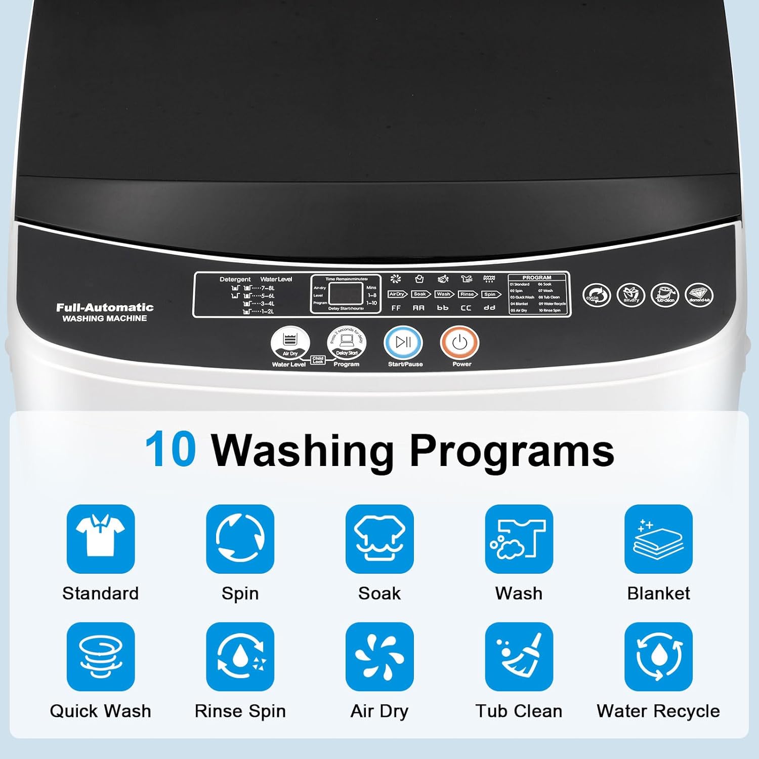 Portable Washing Machine, 17LBS Full Automatic Washer and Spinner, 10 Programs with Child Lock & Energy-Saving, Compact Laundry Wash Spin Dryer for Apartment RV Dorm Home