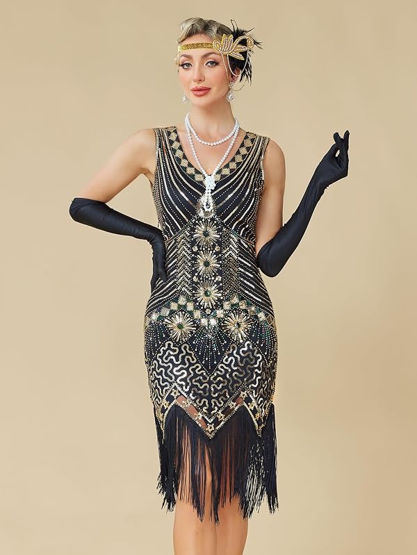 MTITE Flapper Dresses 1920s, Great Gatsby Dresses Roaring 20s for women, Fringed Sequin Costume with Accessories Set (BLACK GOLD, S) by MTITE - Image 4