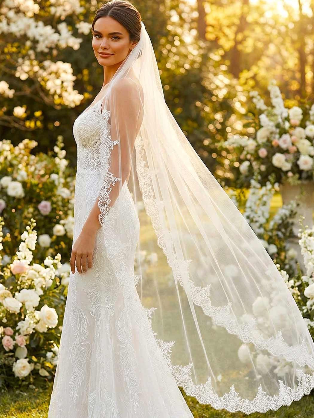 HEREAD Lace Bride Wedding Veil Long Bridal Veils with Comb for Women
