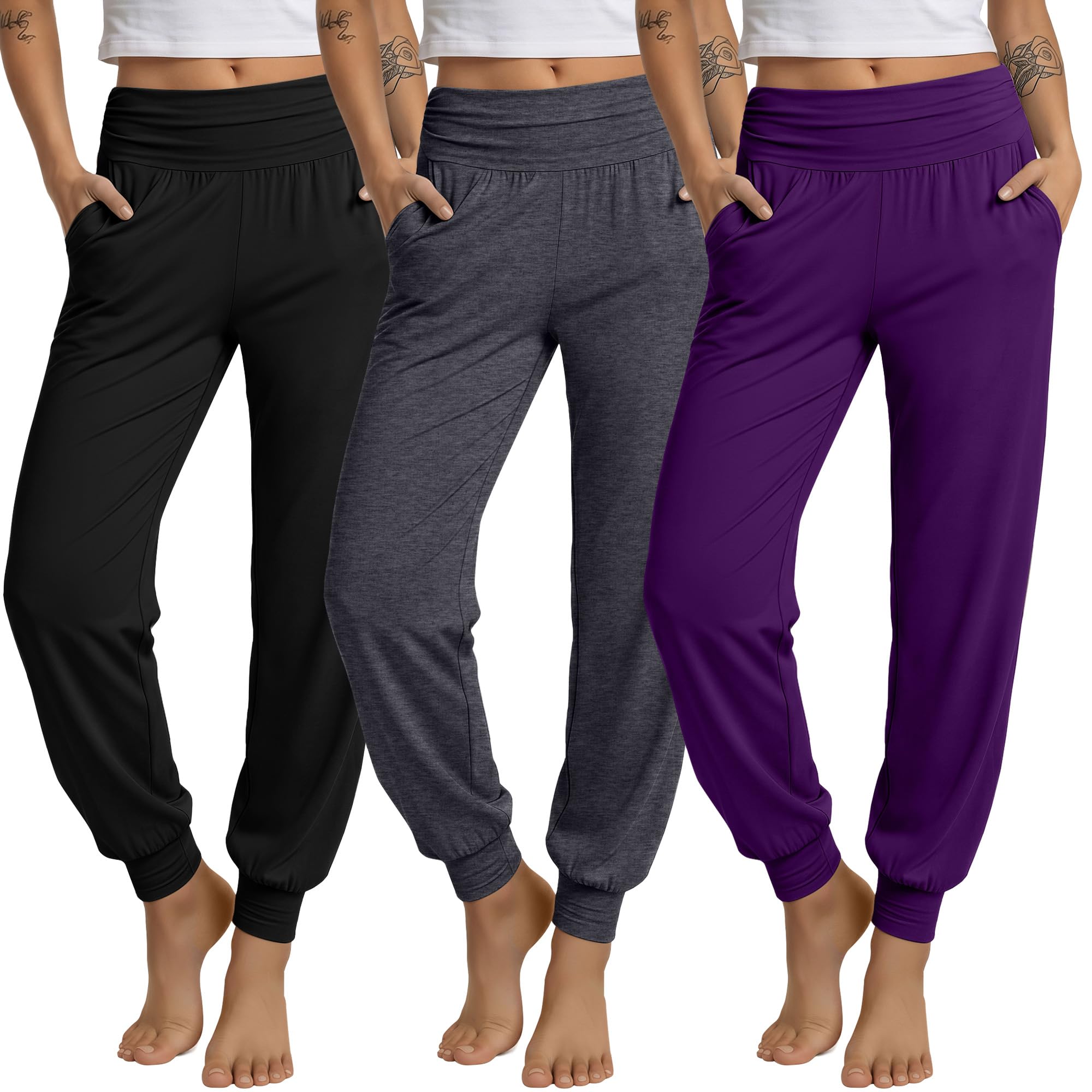 3 Pack Women's Joggers Loose Yoga Pants with Pockets