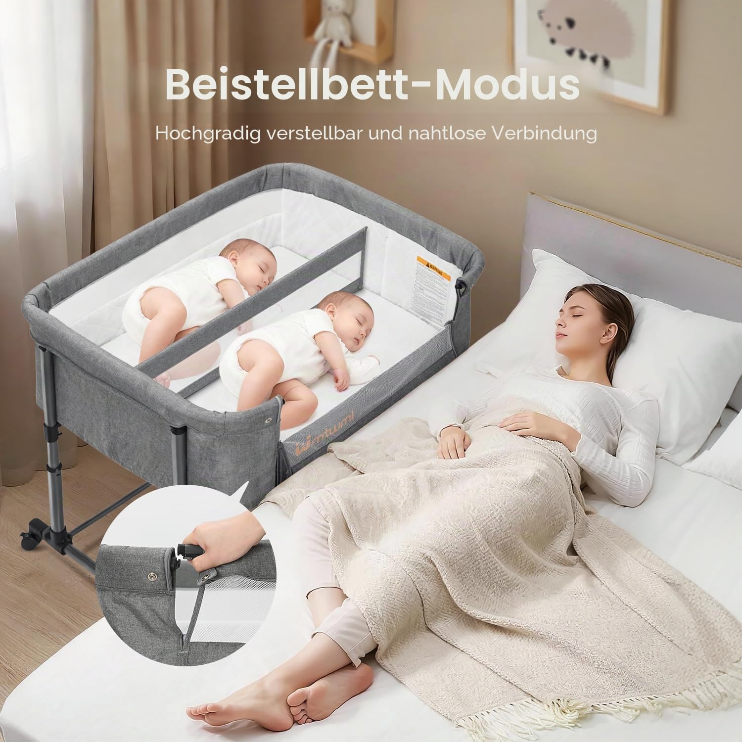 MTWML Zwillingswiege für 2 Babys – tragbare Doppelwiege mit Tragebeutel, austauschbaren Matratzenbezügen, Verstellbarer Höhe & Sicherheitsgurten. Zwillinge 0–6 Monate Grau (Deep Grey)