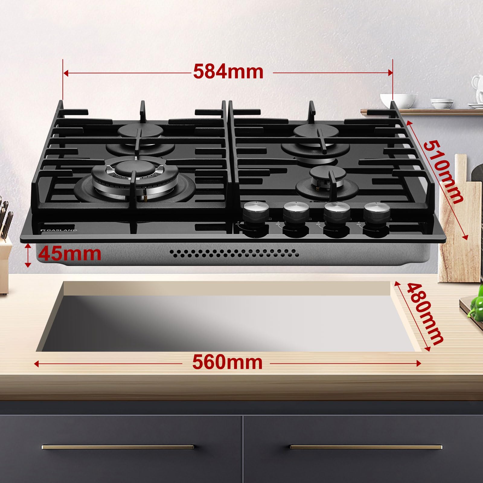 GASLAND GH604BF Butane Hob with 4 Burner Wok, 60cm Black Glass Cooktop, 8000W, NG/LPG Convertible — view 6