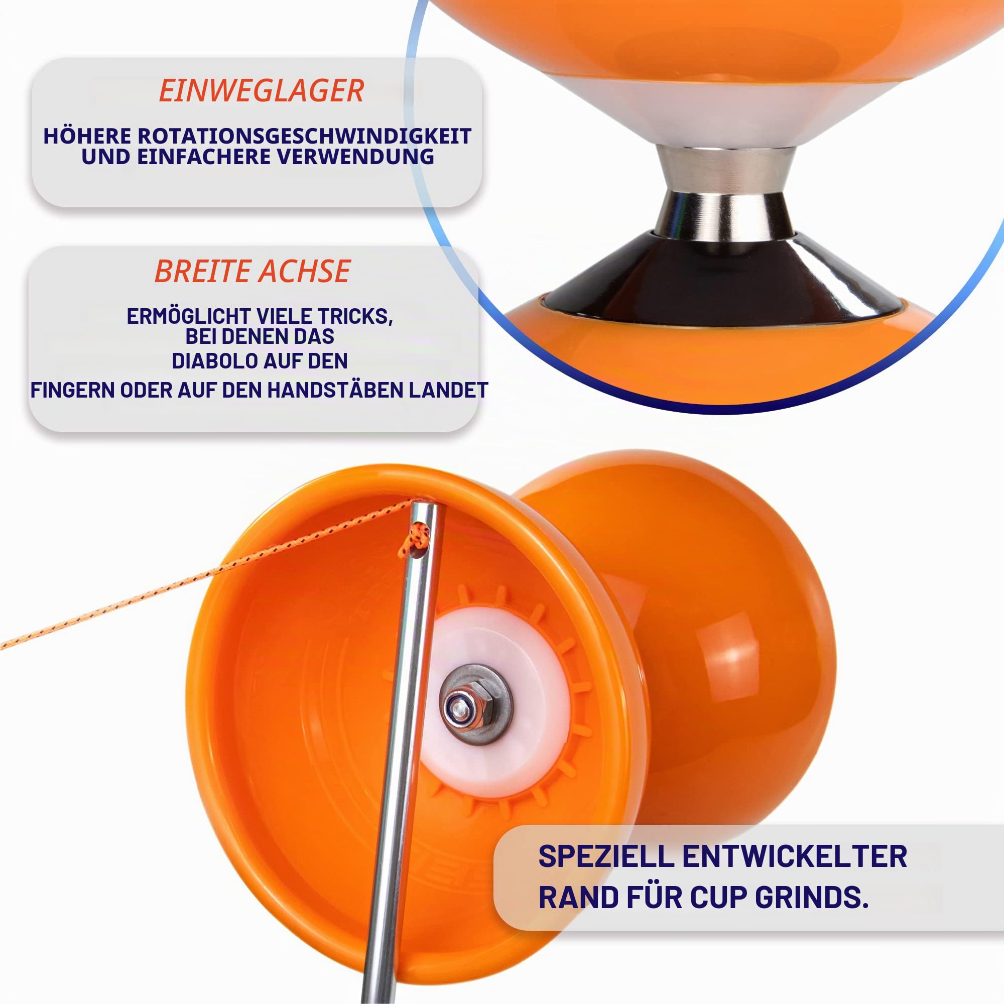 Juggle Dream Carousel Diabolo Jonglier-Set - Dreifach-Kugellagerachse - mit Aluminiumstäben und Online-Lernvideo - Jonglieren (Orange)