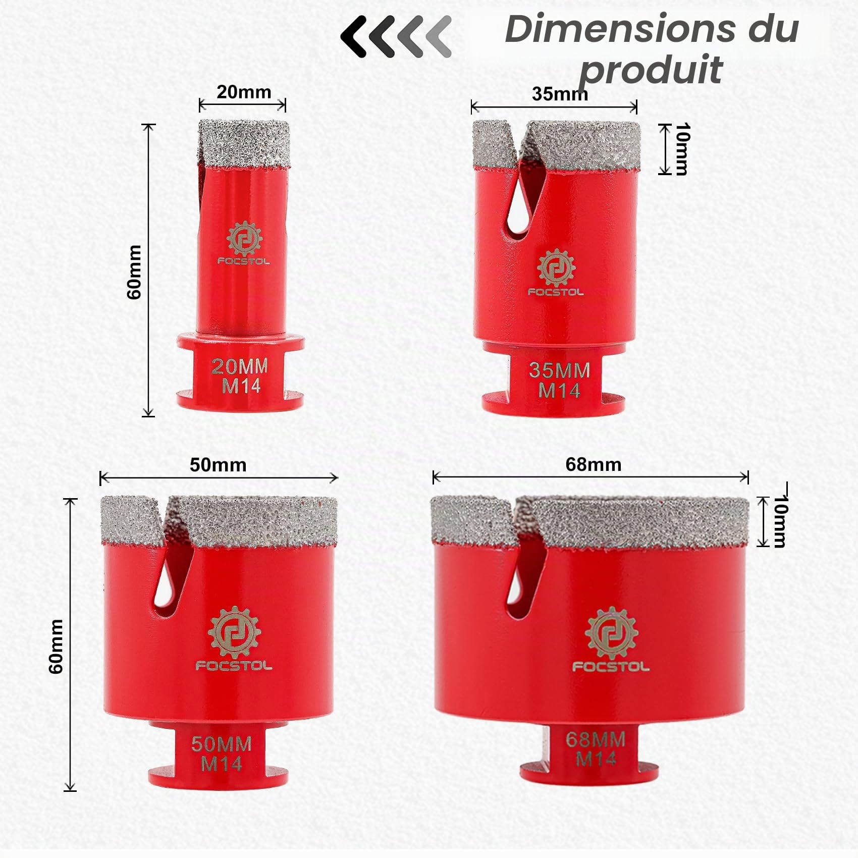 Foret Diamant Kit Trepan Carrelage - FOCSTOL Scie Cloche Carrelage Kit pour Porcelaine Marbre Granit 4 pièces (20/35/50/68mm)