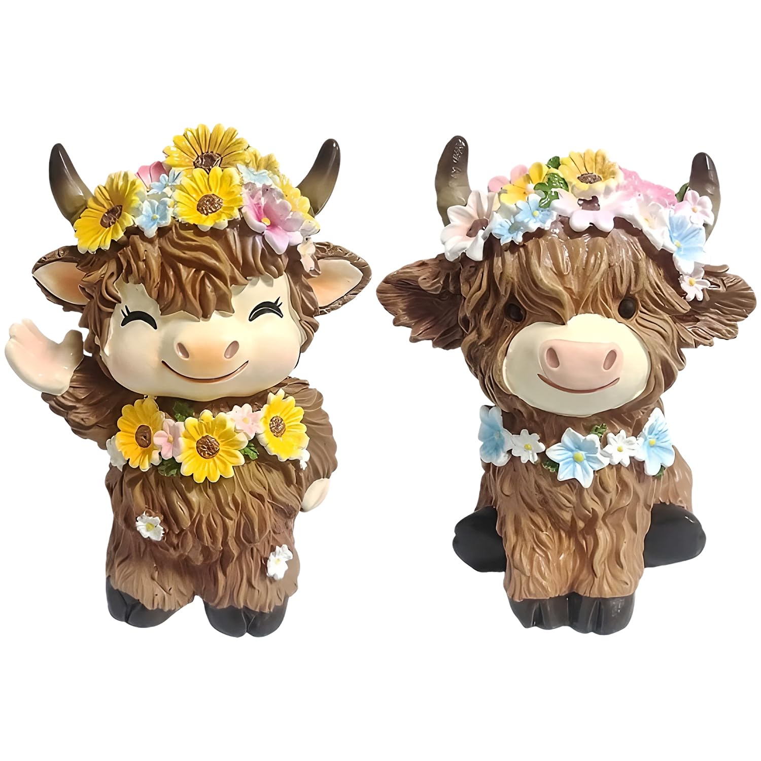 2 Pack Highland Cow Gifts, Highland Cow Decor, Kitchen Highlands Cows Ornaments Family with Flower,for Summer Home Garden Kitchen Office Tiered Tray Table Decors (Yellow)
