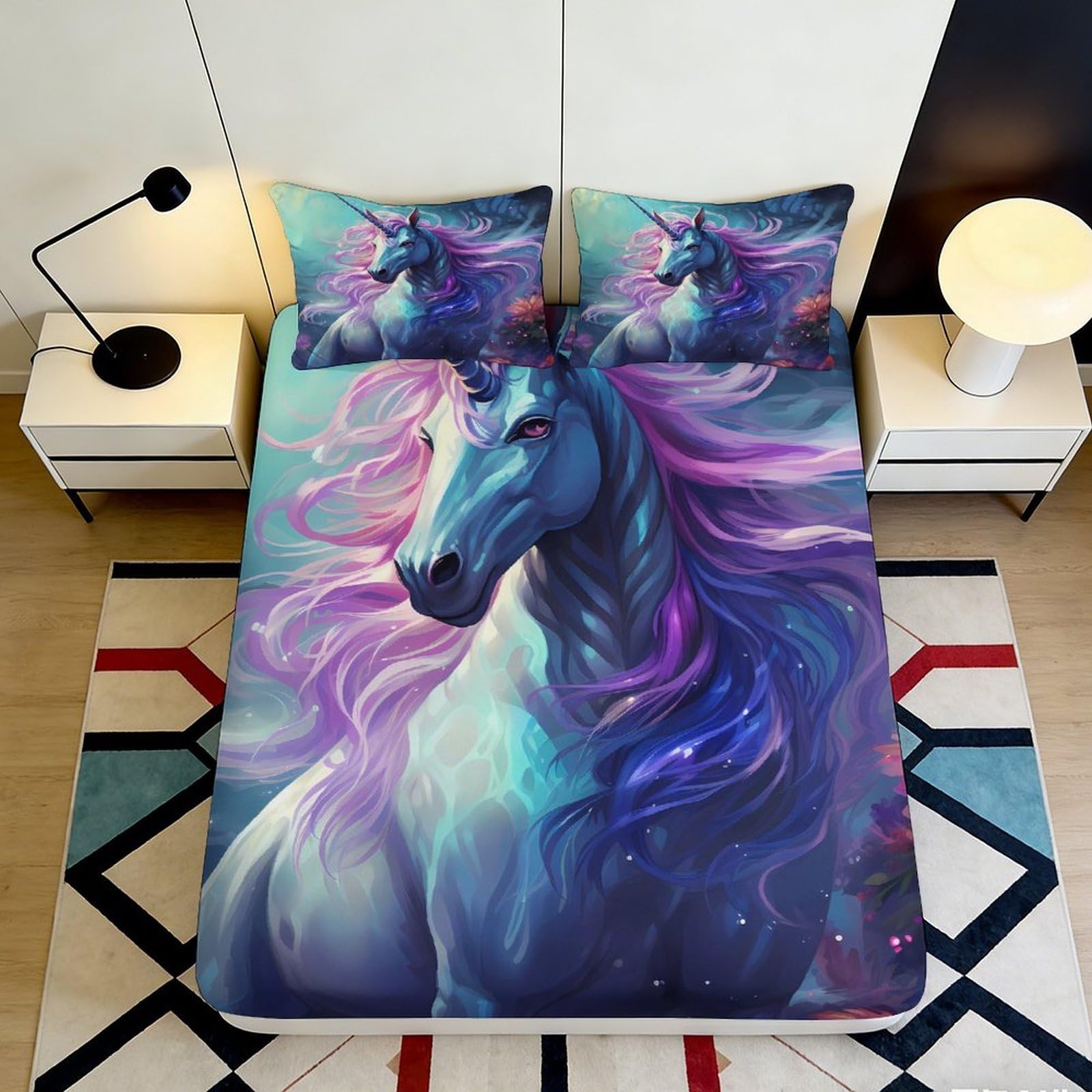 3D Printed Blue Unicorn Fitted Sheet Microfiber Soft Anti-Slip Fantasy Dream Mattress Cover for Bedroom Dorm Decor 120x200x25cm