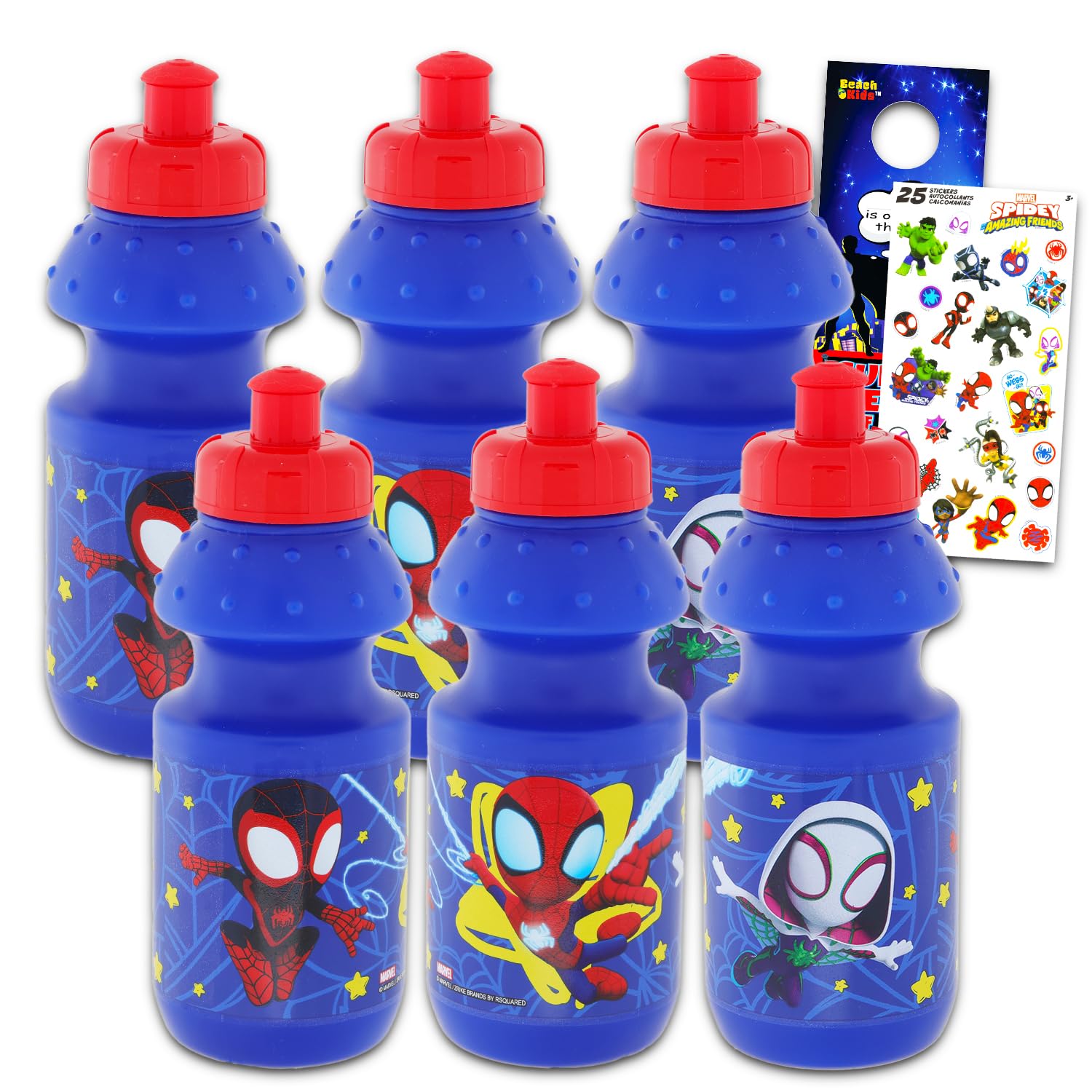 Spidey and Friends Reusable Water Bottle Set - 6 Piece Bundle of 11oz Bottles with Pull Top Lids Plus More | Spidey and Amazing Friends Sports Bottles
