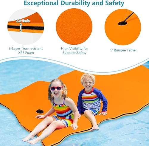 Miniatura 3 de GYMAX Alfombrilla de agua flotante, hamaca gruesa de espuma flotante con diseño de almohada rodante, colchón portátil de balsa de agua de 3 capas