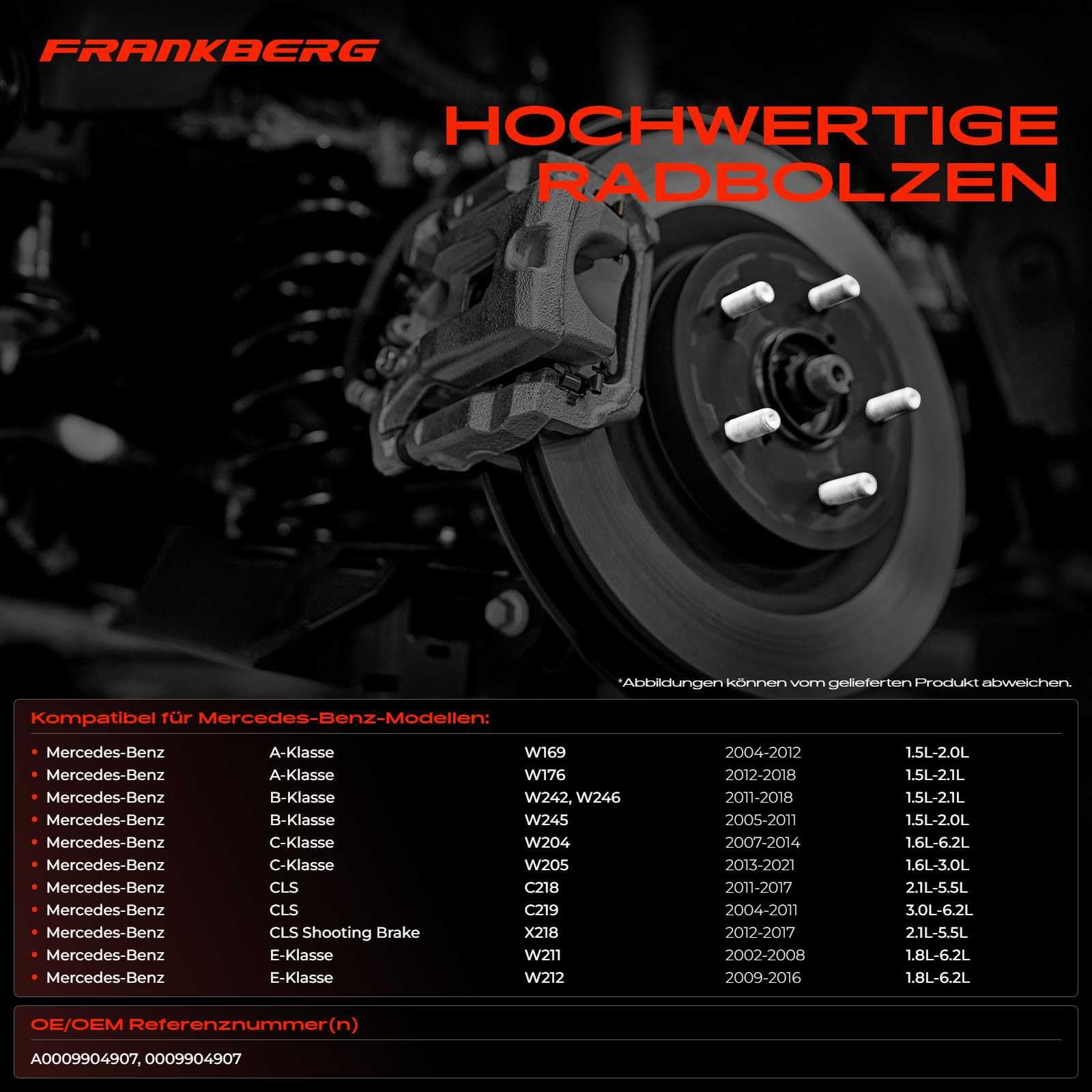 Frankberg 10x Radbolzen Radschraube Kompatibel mit A,B,C,E,M,S,R,GL,GLA,GLK-Klasse CLA CLK CLS 1998-2019 0009904907