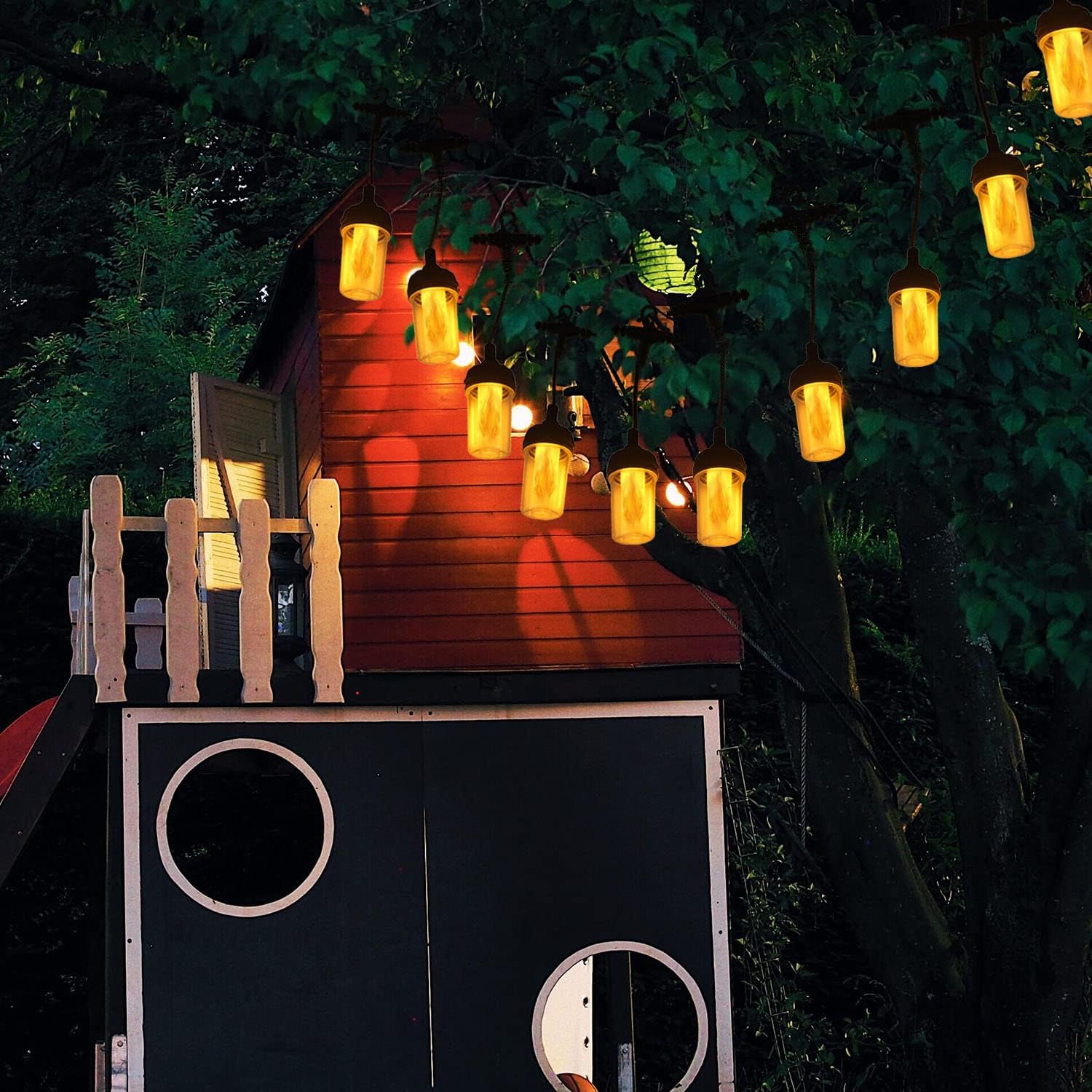 Flickering Flame String Lights for Halloween Decor Outdoor, 23Ft LED for Outside, Plug-in Garden, Connectable Backyard 10 Lantern & Hooks Decorative Cafe Bistro Patio